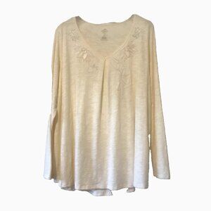 St. Johns Bay V-neck Floral embroidered Pearl accents long sleeve Shirt Ivory 2X